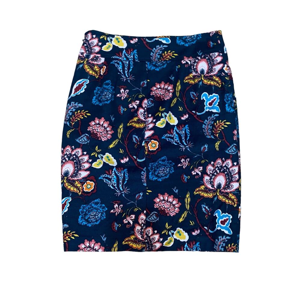 LOFT Ann Taylor Deep Teal Blue Floral Print Knee-Length Pencil Skirt Size 4 - Picture 4 of 7
